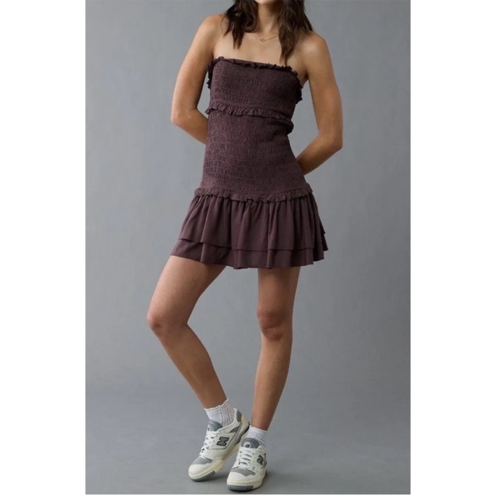 American Eagle Smocked Drop Waist Mini Dress in Brown XS